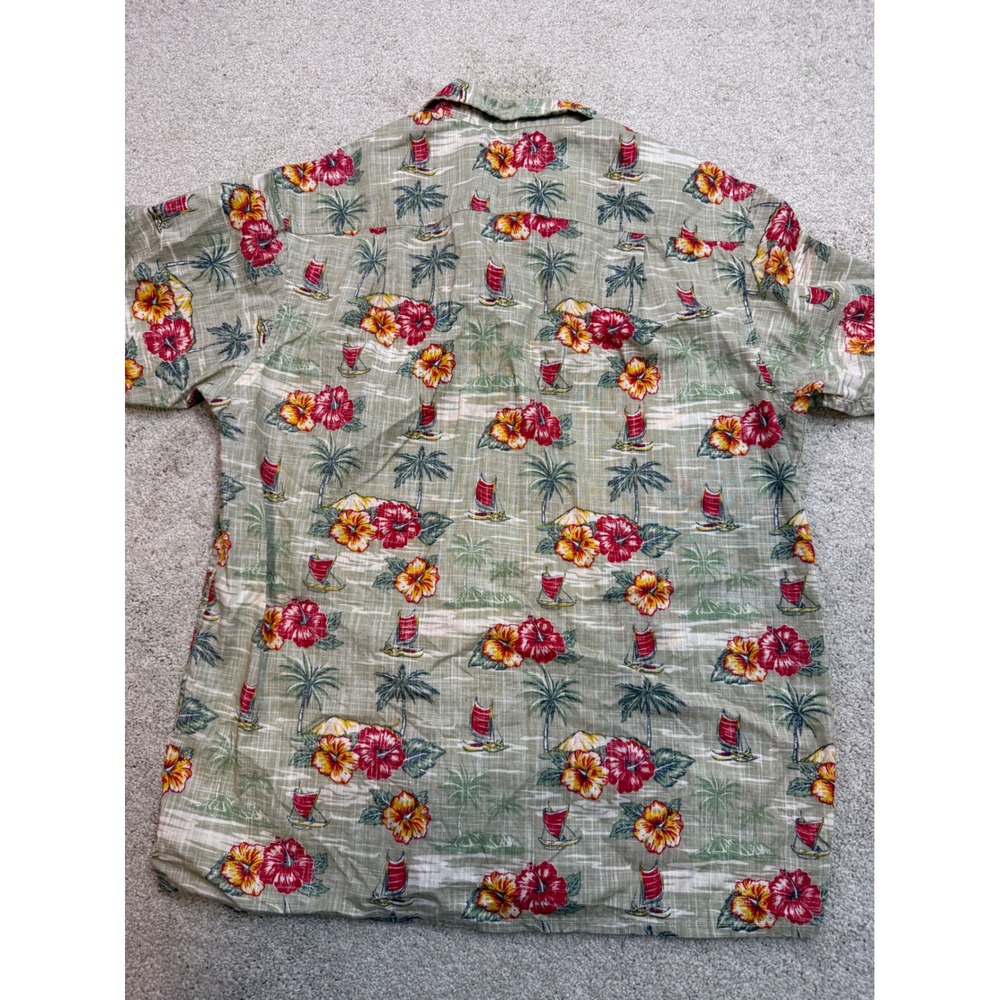 RedHead Mens Tropical Hawaiian Shirt Sage Green Hibiscus Sailboat Print Medium